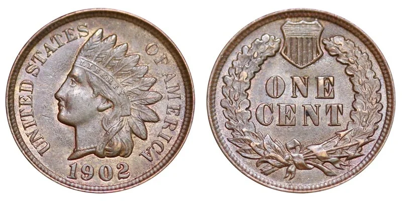 1902 Indian Head Penny obverse showing Liberty in feathered headdress and reverse with oak wreath and ONE CENT