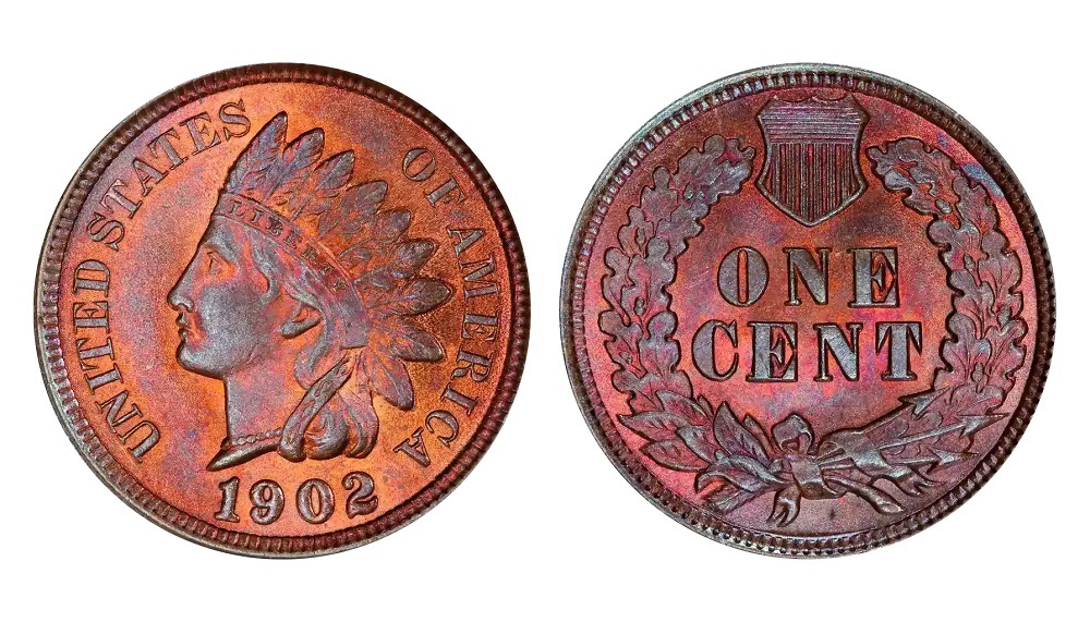 1902 Indian Head Penny grading strip showing four condition tiers from Good worn on left to Gem Uncirculated on right