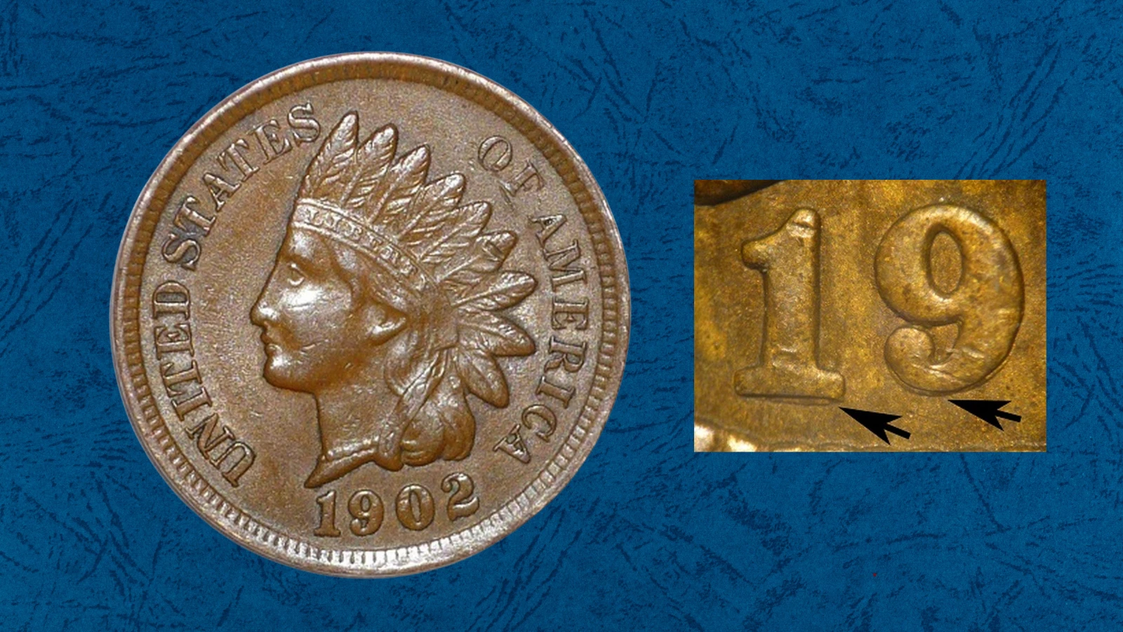 1902 Indian Head Penny repunched date FS-301 showing ghost remnant of first 1 punch below the date numerals
